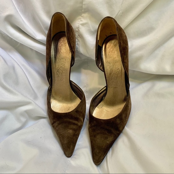 Ferragamo brown suede heels, approx 3 1/2 inches - Picture 1 of 9